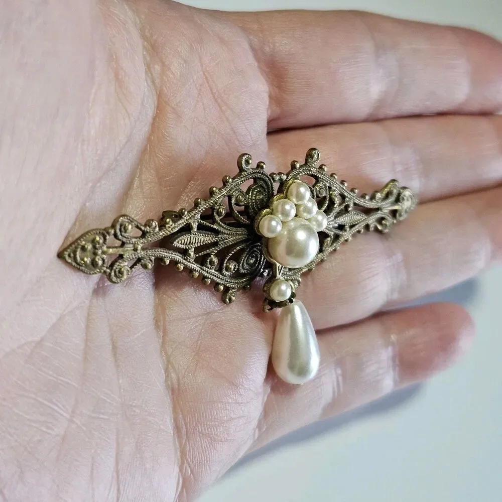 Vintage Victorian Style Filigree & Pearls Pearl Drop Brooch Gilded Brass Metal
